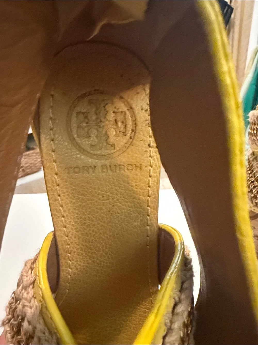 Tory Burch Yellow Wedge Sandals with Jute and Gold Chain Trim